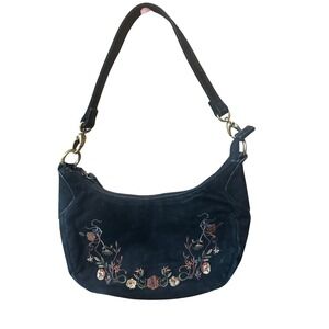 Vintage St.Johns Bay Black Leather Shoulder Bag Floral Embroidered Zipper Small